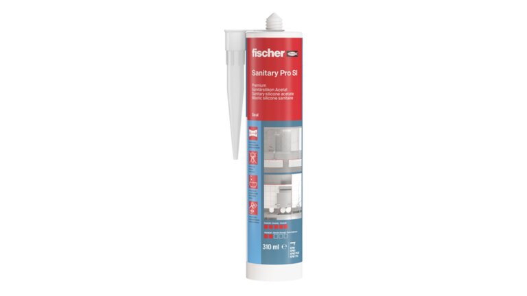 Produktabbildung des fischer Sanitary Pro SI Sanitärsilikons in einer 310 ml Kartusche. Speziell entwickelt für den Einsatz im Sanitärbereich, insbesondere für Fugen in Duschkabinen, Badewannen und Waschbecken.